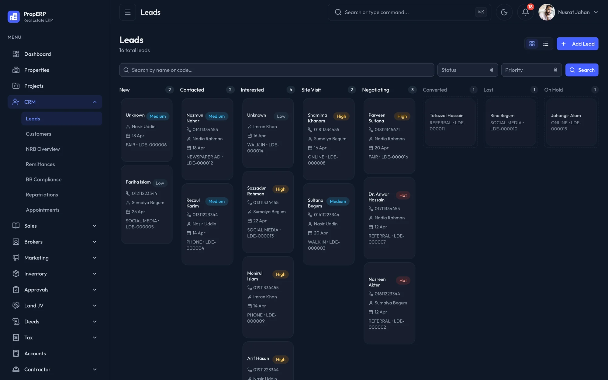 CRM লিড বোর্ড: নতুন, যোগাযোগ, আগ্রহী, সাইট ভিজিট, দরকষাকষি, রূপান্তরিত, হারানো ও হোল্ড — মালিক, অগ্রাধিকার ও উৎসসহ
